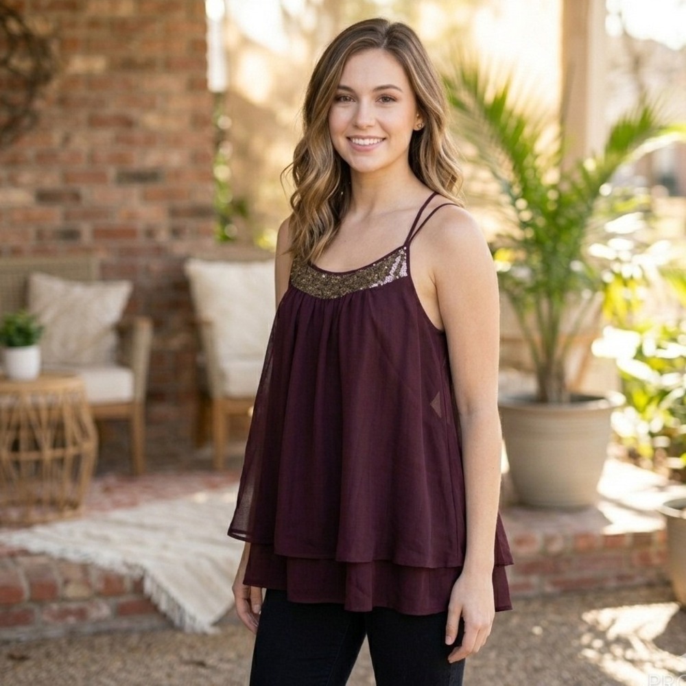 Mossimo Sequin Chiffon Cami Tank Top M Burgundy Maroon Layered Boho Flowy Blouse